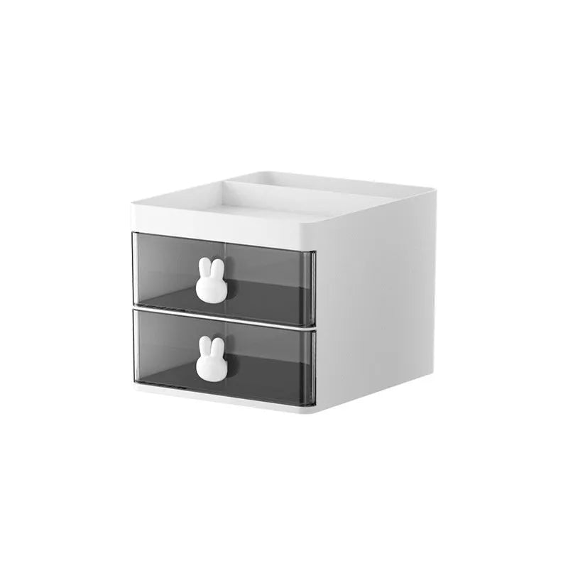 Transparent partitioned desktop storage box with drawer and internal grids in cherry blossom pink colour
