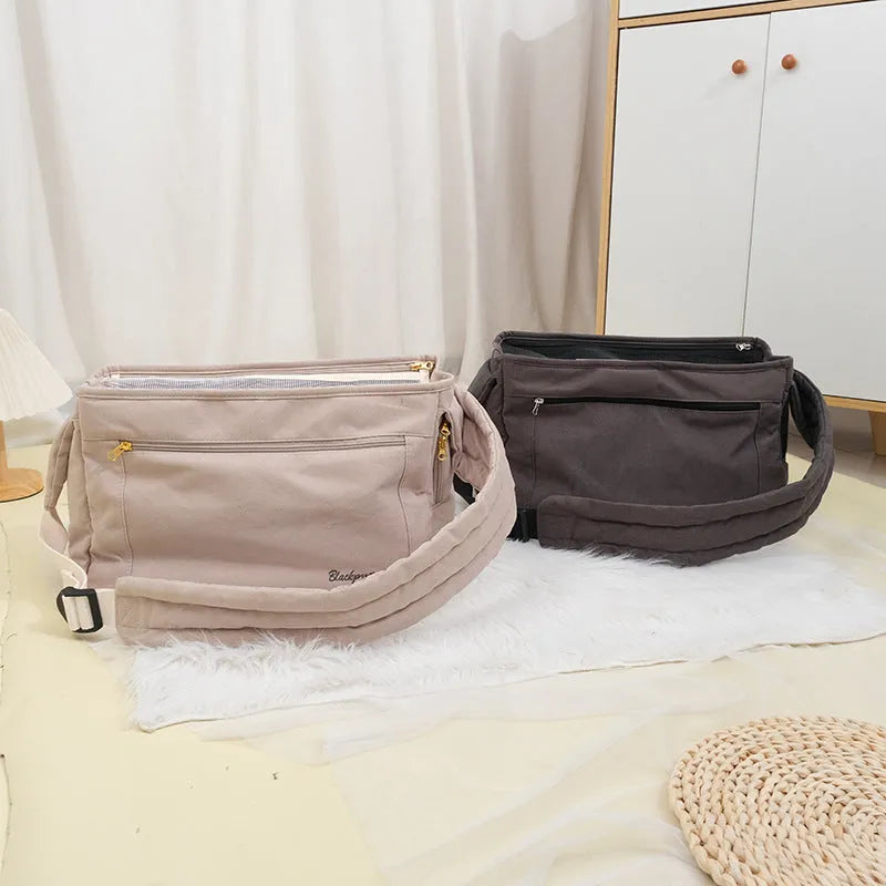 Large capacity soft surface messenger pet carrier bag in beige, 42x19x26.5cm, made from polyester spandex