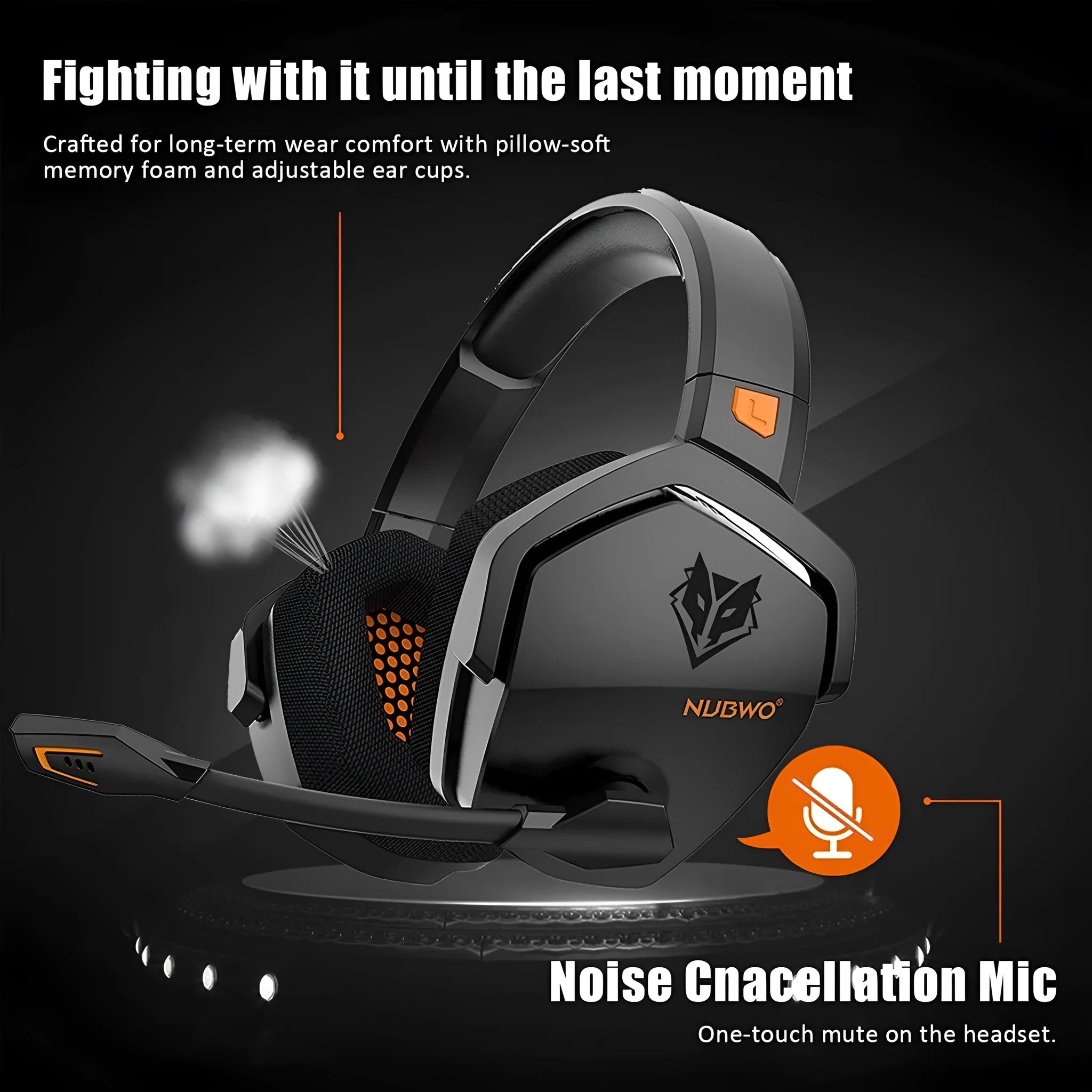 Black and orange wireless gaming headset with large ear cups and a built-in microphone.