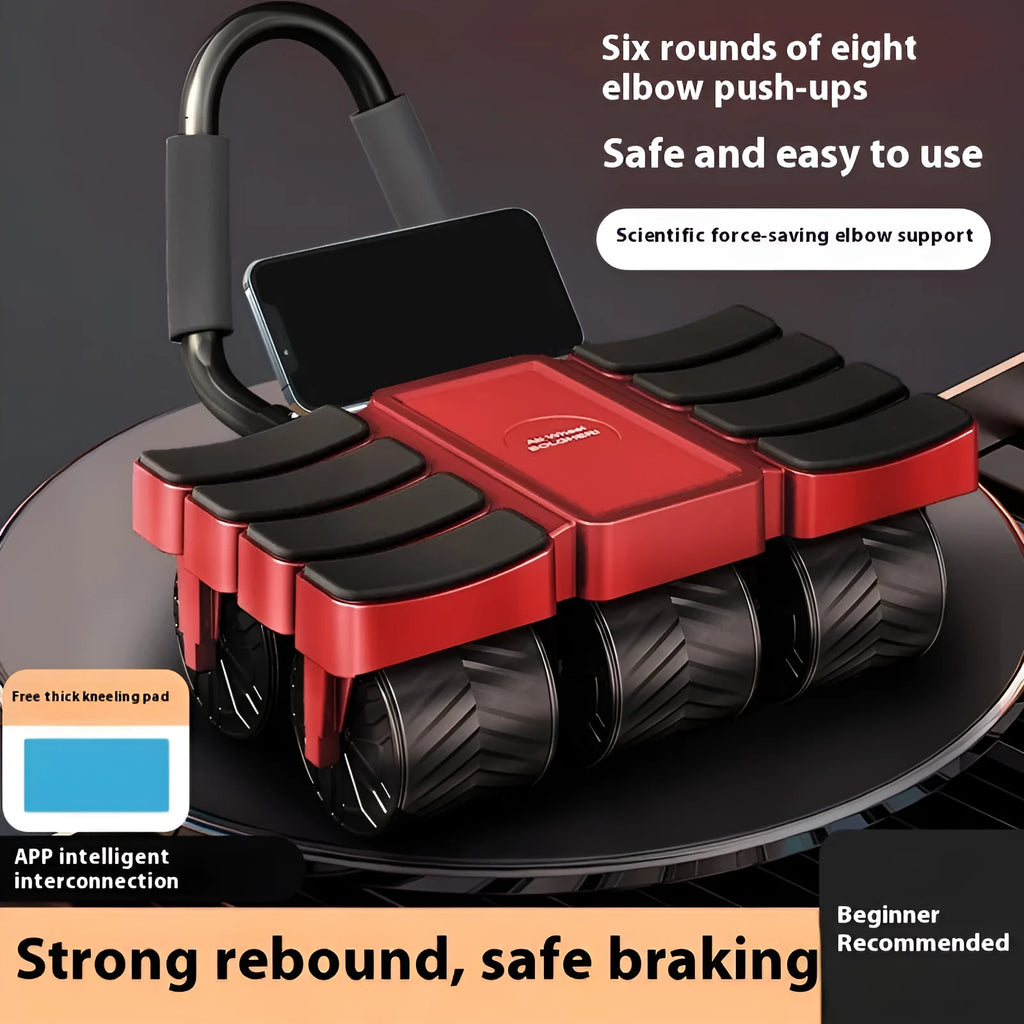 Six-wheel eight-elbow abdominal wheel with AI app in Knight Black, kneeling pad included, on a home gym floor