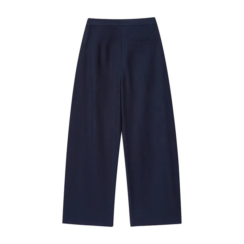 Women's linen-blend co-ord set featuring an off-neck top with flounced sleeves and wide-leg trousers.