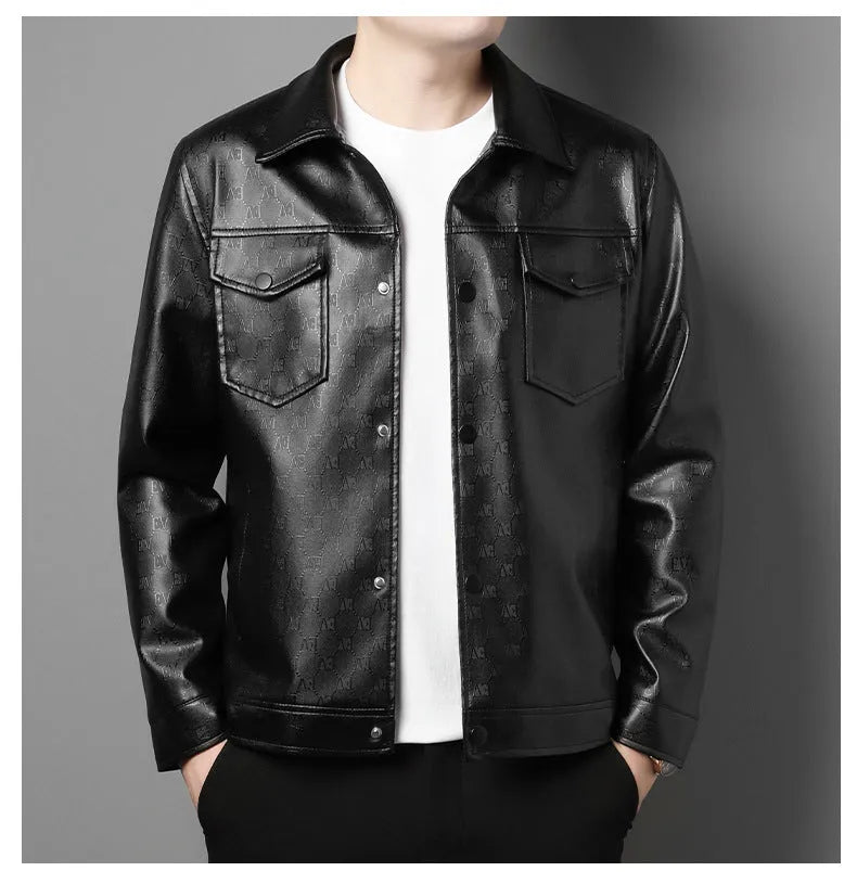 Men's slim fit printed synthetic leather jacket with lapel collar, straight hem, and top stitch patch pocket in black or light grey