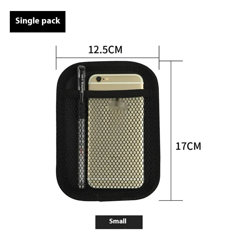 Adhesive polyester mesh net storage pocket for car and home, shown in large or small size.