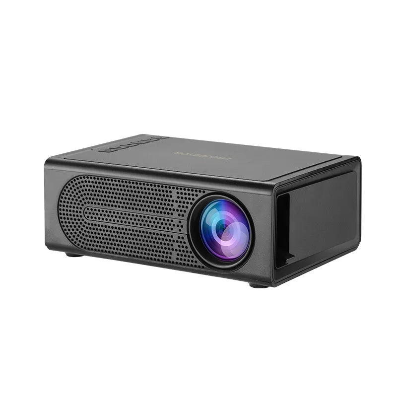 Black portable mini projector with wired connection cable for mobile phone screen mirroring