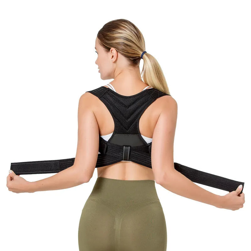 Black anti-humpback posture correction belt shown on a model, suitable for running and fitness.