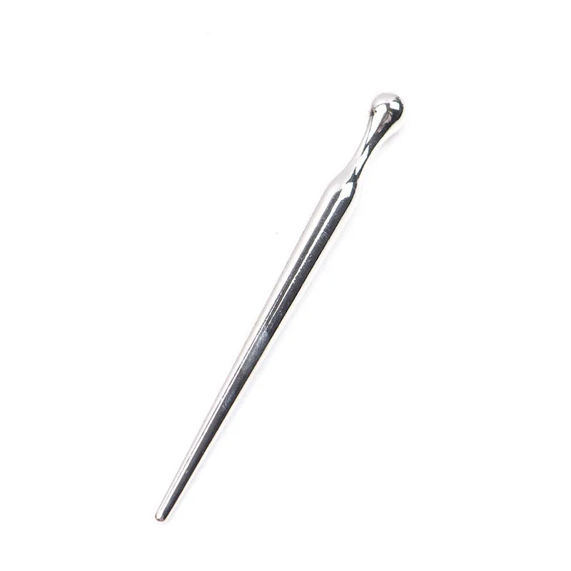 Silver metal urethral stimulation plug with round beads and a horse eye stick handle base.