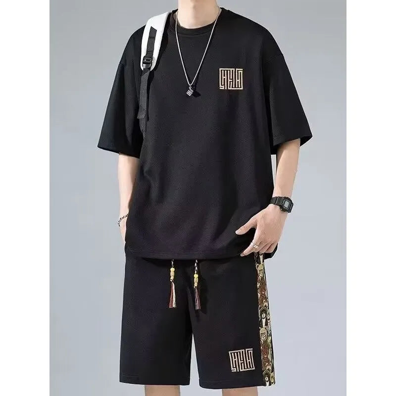 Waffle embroidery two-piece set with short sleeve top and shorts in thin polyester, summer sports style, sizes M-5XL