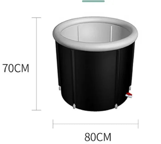 Black inflatable portable ice bath tub with insulation, shown with weather lid and pump.