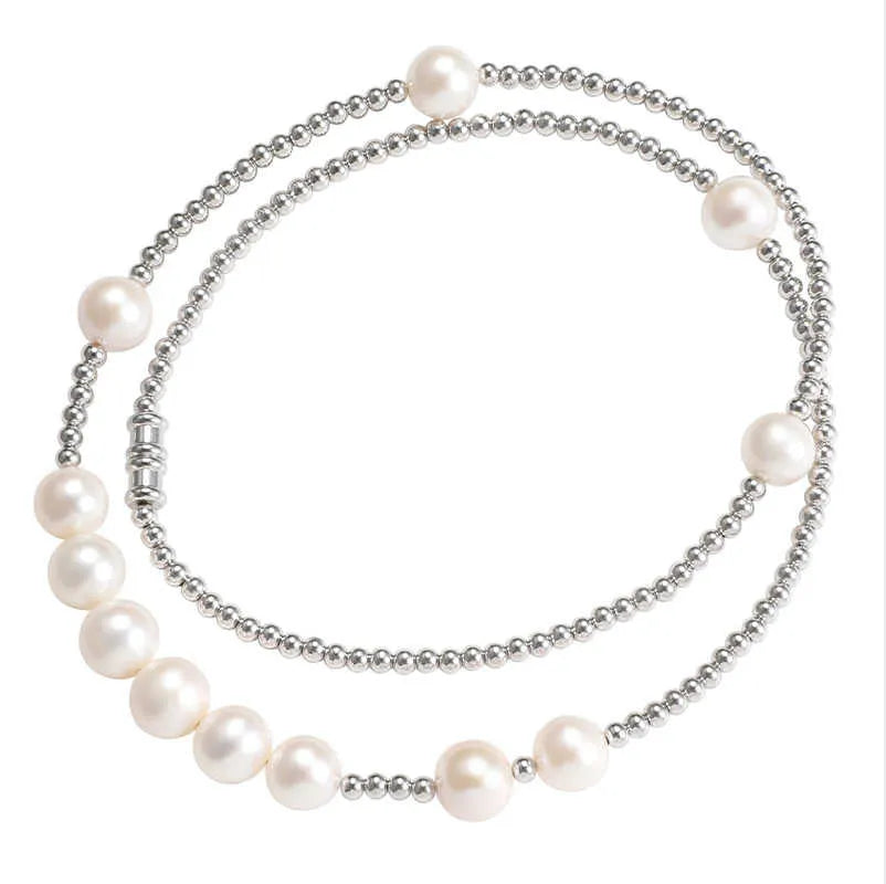Unisex S925 sterling silver necklace with natural pearl and platinum-plated spacer bead on 51cm chain