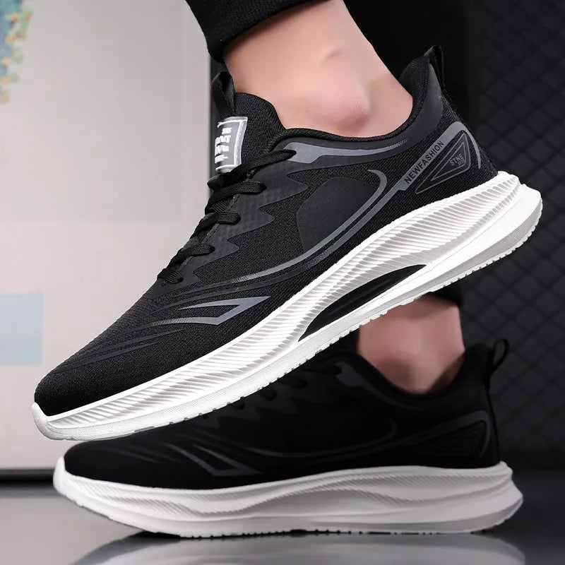 Men's lightweight woven mesh casual shoes in black with a round toe and rubber sole.