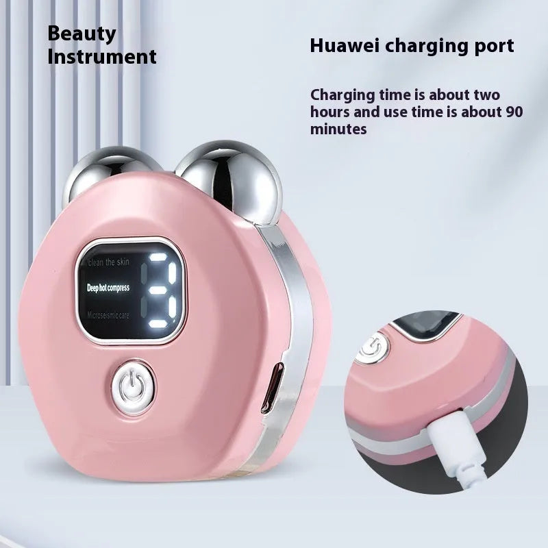 Portable white handheld facial massage instrument with a dual-roller head for micro current and hot compress therapy.