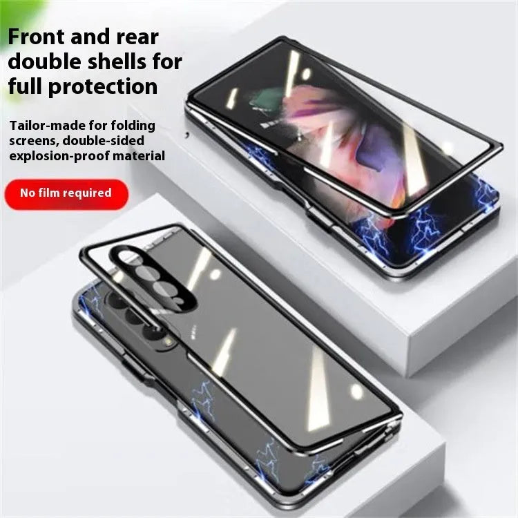 Black magnetic suction glass phone case for Samsung Z Fold 2 3 4 with metal frame and hot-pressed finish