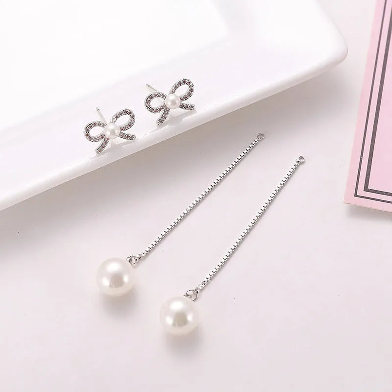 Sterling silver bow earrings with long pearl pendant, hypoallergenic copper construction, women's two-way style