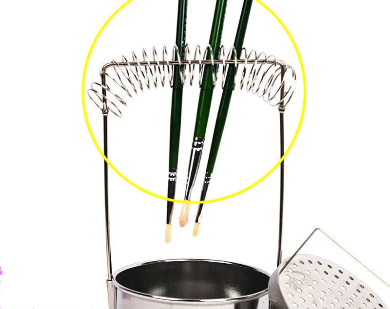 Silver stainless steel oil painting pen washer with a sprung metal clamp and leak plugs.