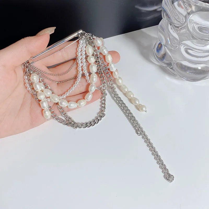 Korean style tassel pearl pin brooch electroplated alloy unisex decor gold tassel colour