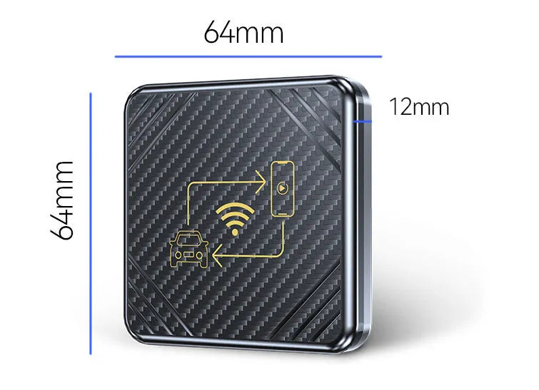 Gold and white wireless CarPlay and Android Auto USB adapter box for cars on a dark surface.