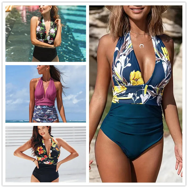 Women's sleeveless one-piece swimsuit in purple, black, blue or yellow print for swimming and sports.