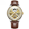 Men's gold leather strap waterproof automatic mechanical watch with analogue display.