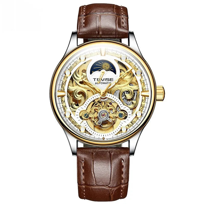 Men's gold leather strap waterproof automatic mechanical watch with analogue display.
