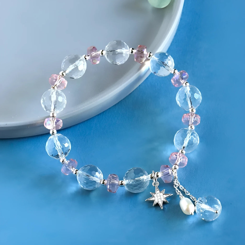 White crystal XINGX bracelet with lucky cat charm and diamond-shaped crystals in Korean style design
