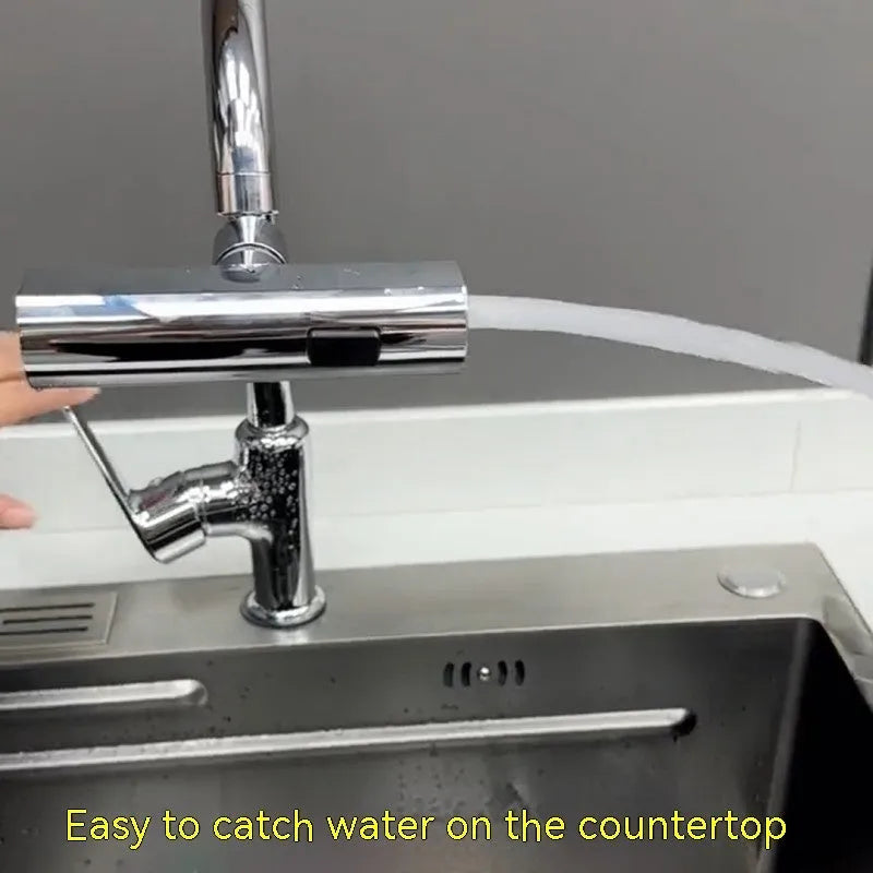 Kitchen faucet nozzle extension with rotating waterfall outlet in black or silver finish