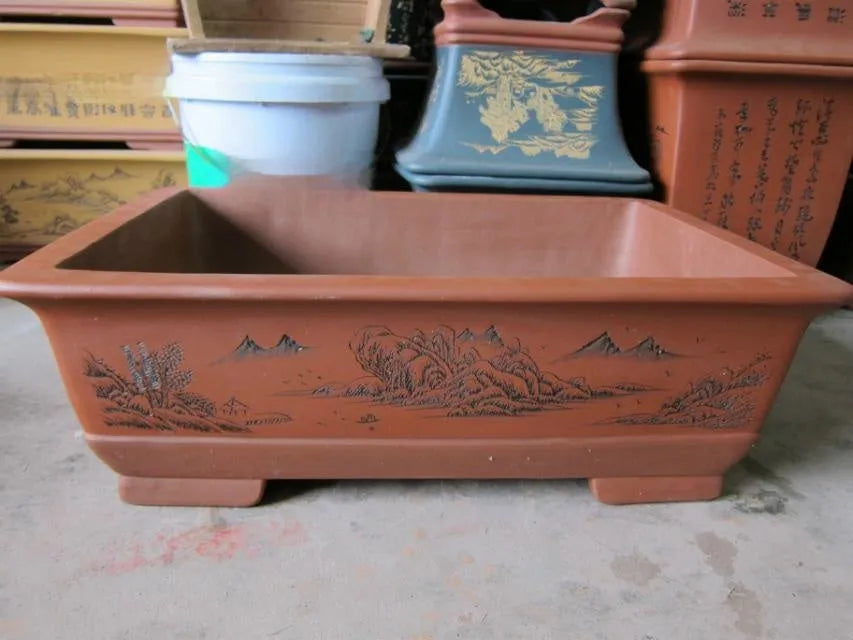 Yixing purple clay flower pot set of 2 rectangular bonsai planters in large and small sizes