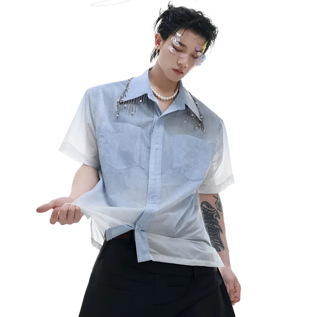 Blue and white gradient loose fit short sleeve shirt on a hanger