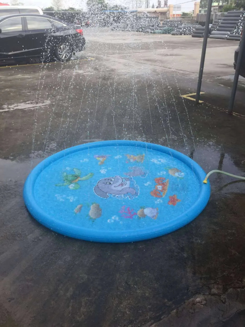 Blue PVC children's water spray play mat with marine animal designs laid flat on grass.
