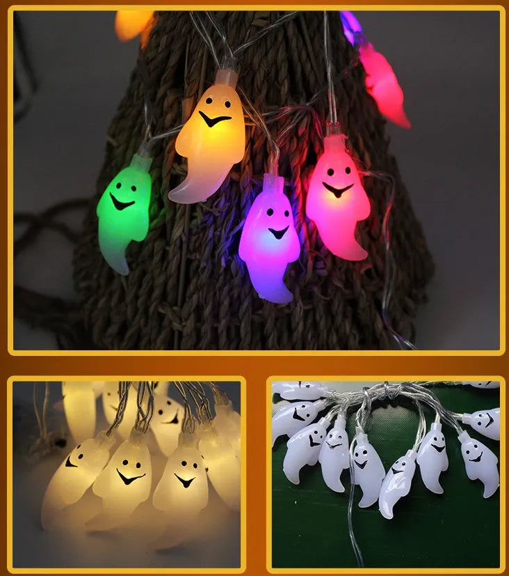 Halloween battery LED string lights with pumpkin, bat, and ghost pendants on a 1.2m waterproof string.