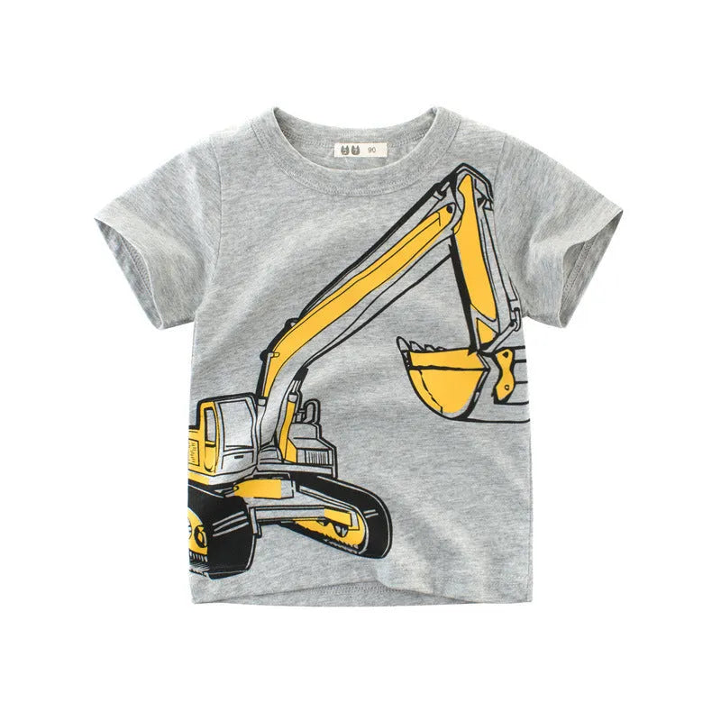 Soft grey children's short sleeve cotton t-shirt with cartoon pattern, round neck, Korean style.