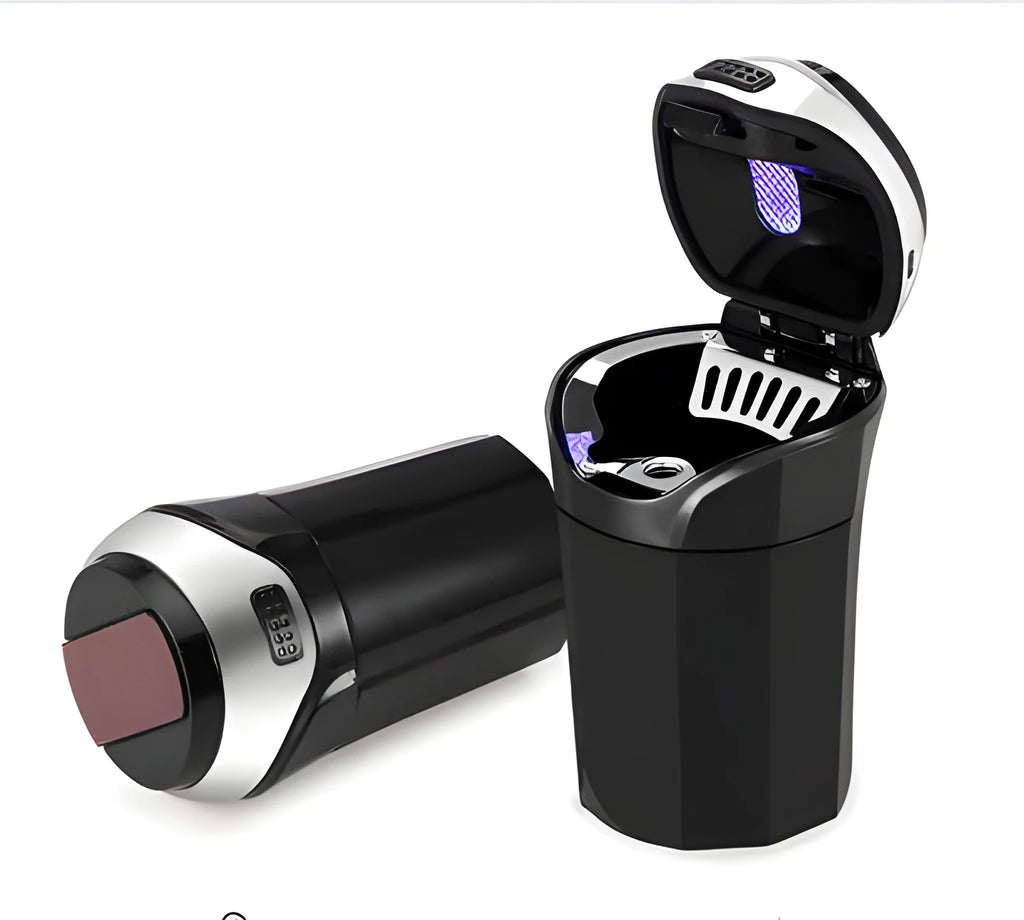 Black and silver car ashtray with blue LED light lid and stainless steel cigarette slot in a cup holder