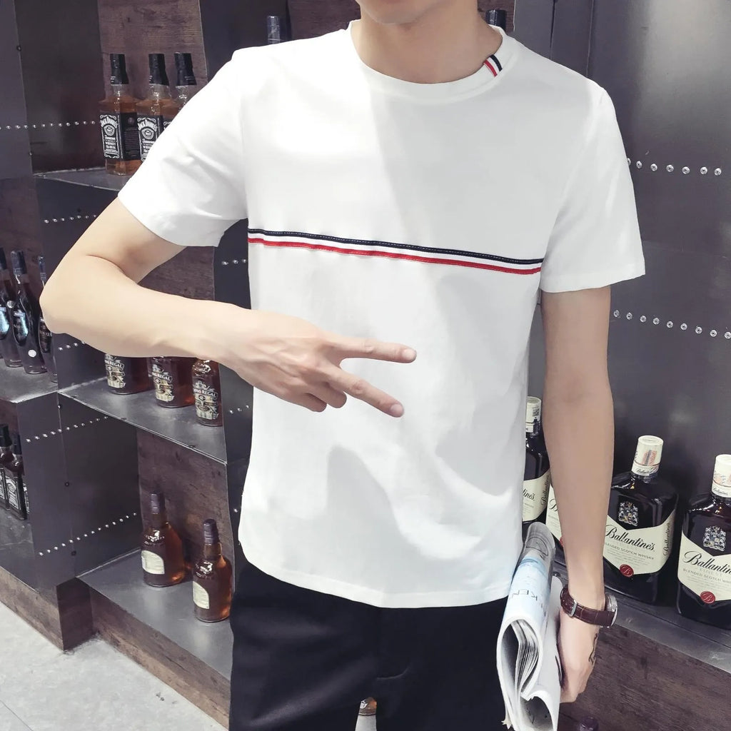 Men's round neck T-shirt in milk silk fabric, shown in white, red, black, and black and white colour options.