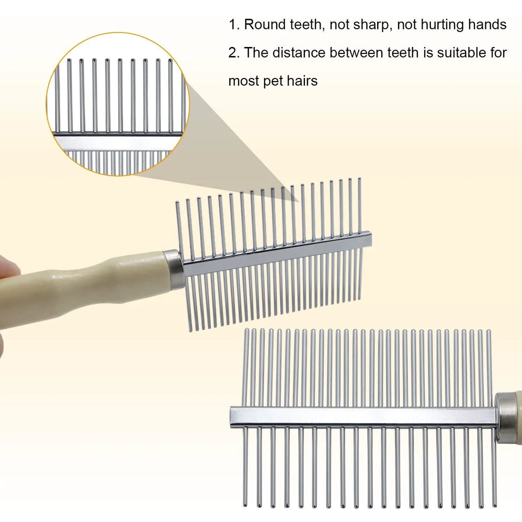 Wooden handle pet grooming comb for dogs and cats with rounded safety teeth.