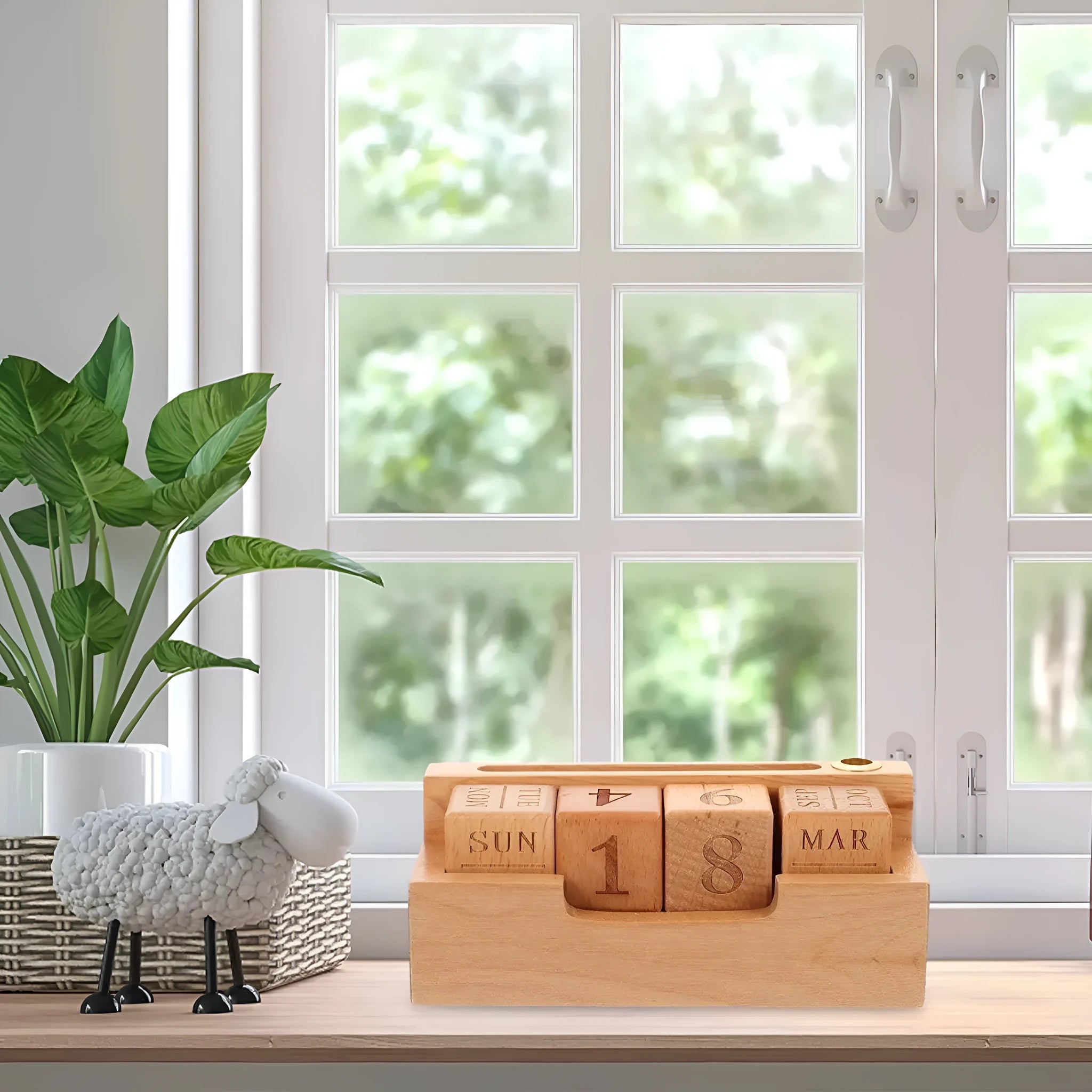 Solid wood minimalist desk calendar planner in natural finish showing day month and date display