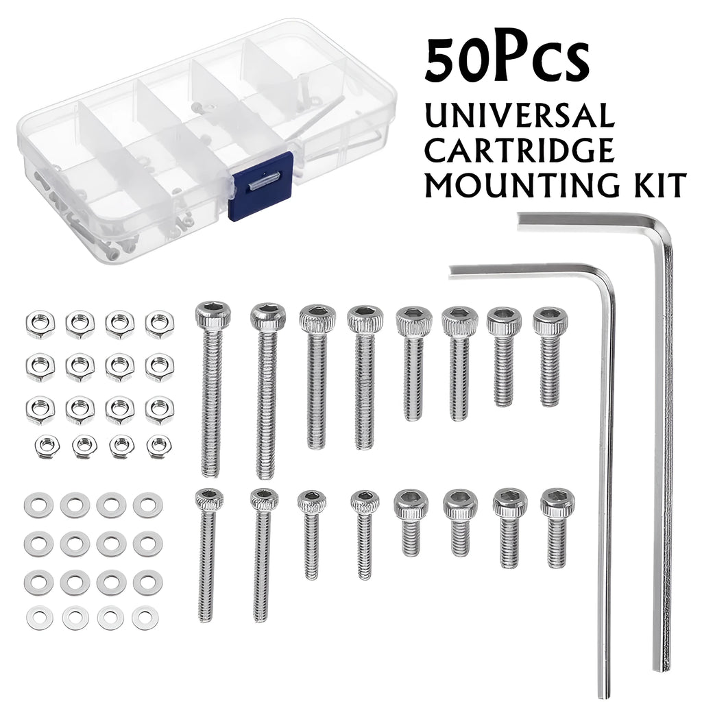 Stainless steel phono cartridge mounting kit with various bolts, nuts, washers and two allen keys
