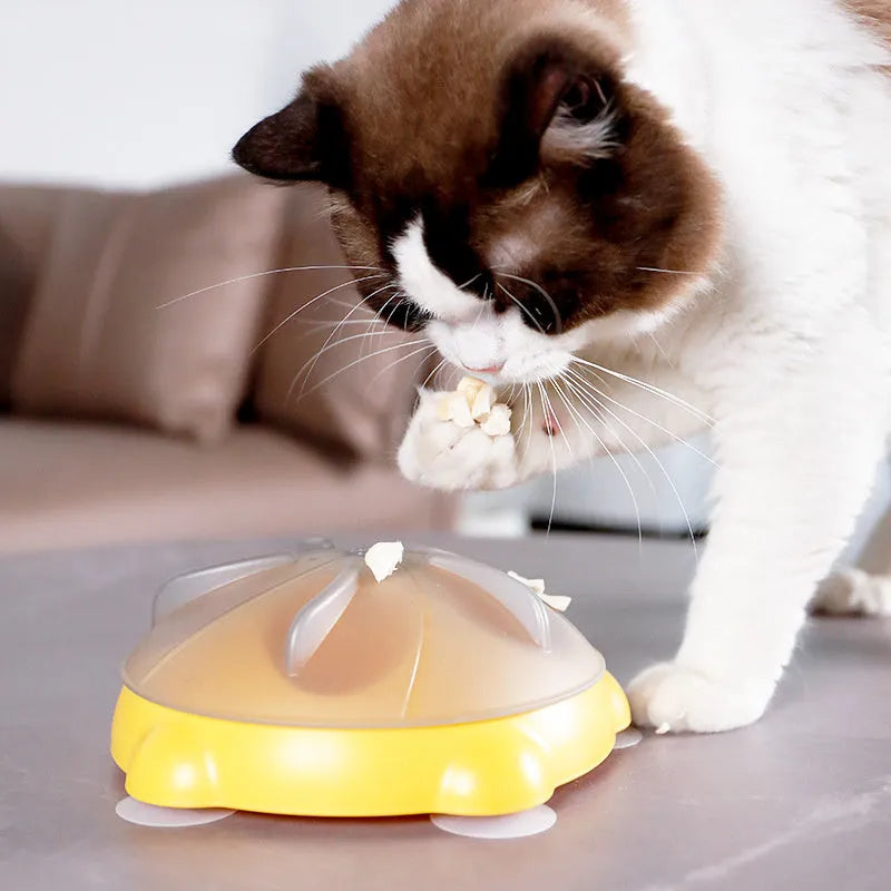 Yellow plastic cat slow feeder bowl with storage compartment and textured interior