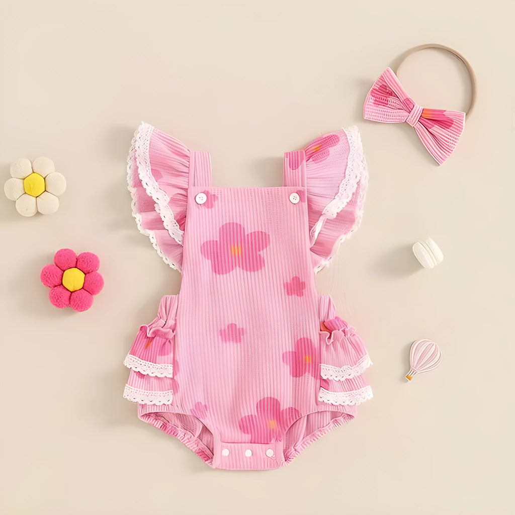 New baby girl sunken stripe flower romper in apricot colour, sleeveless triangle jumpsuit made of polyester