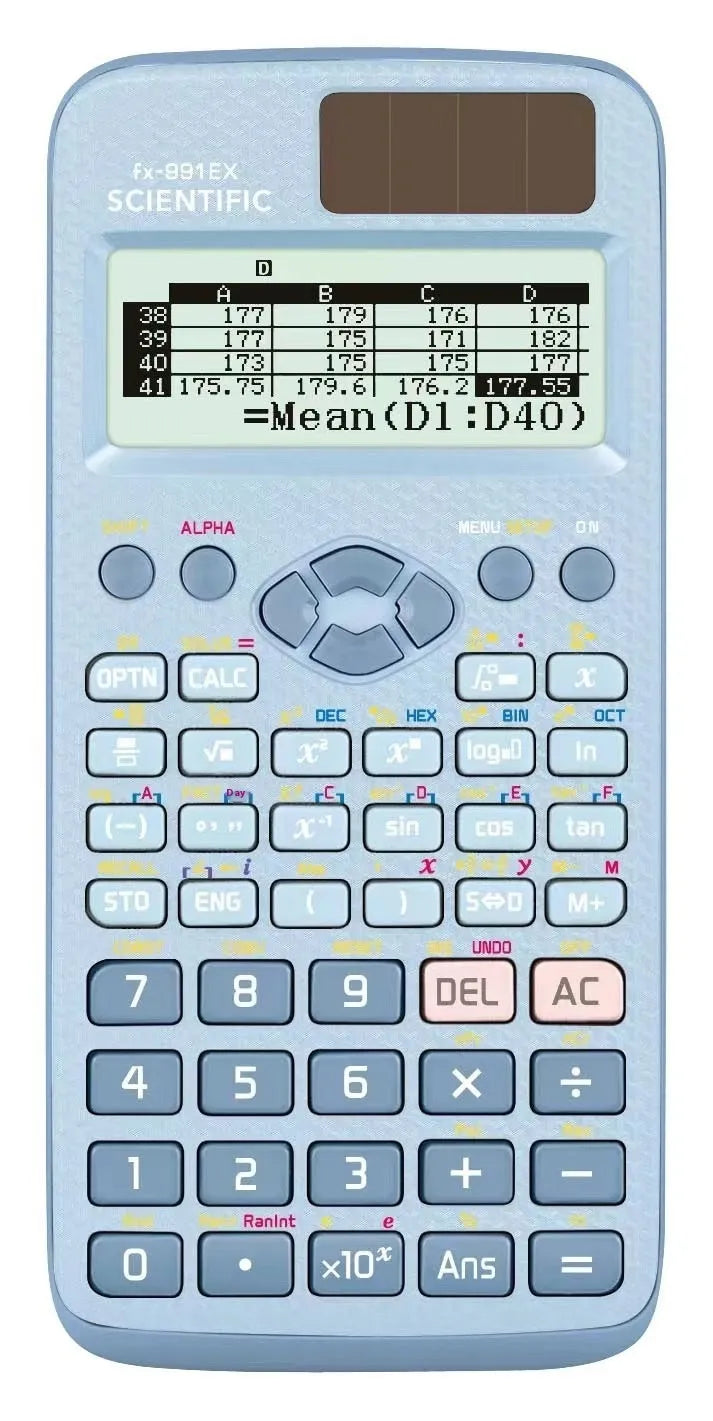 Casio fx-991EX scientific calculator with multi-line display showing mathematical expressions