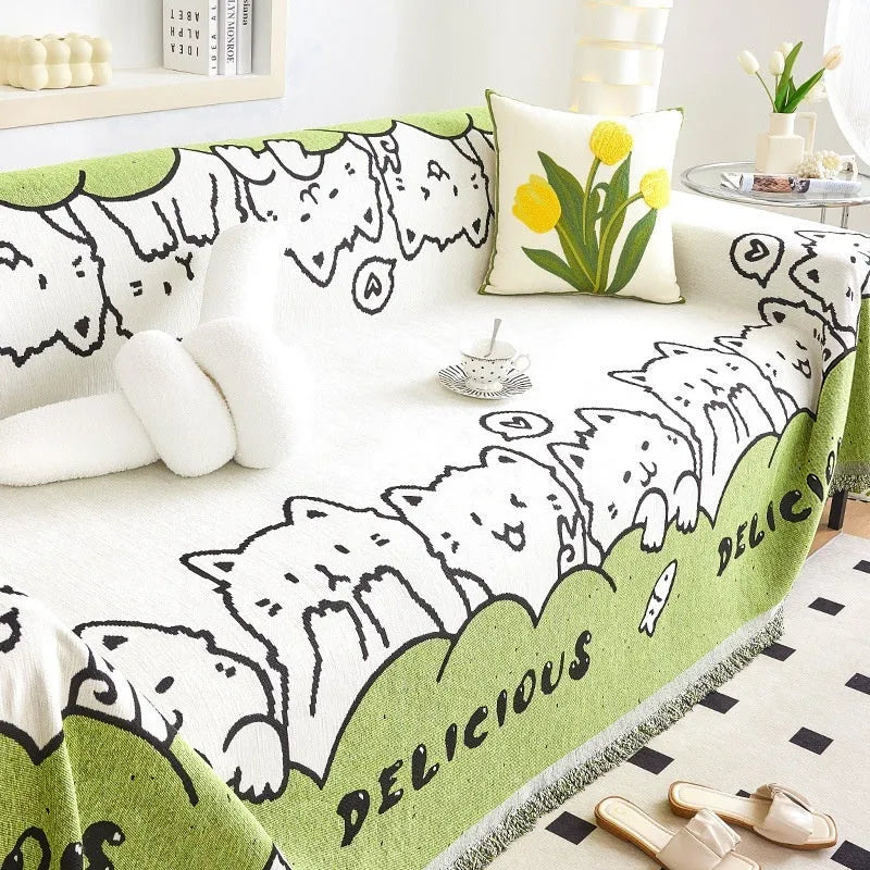 Thickened waffle sofa towel in cartoon anime Meow star paradise print, full covered one piece, 180 cm wide
