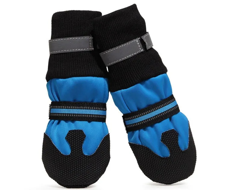 BIBSS waterproof dog boots for large dogs in blue with non-slip rubber sole and reflective velcro straps, set of 4 pieces