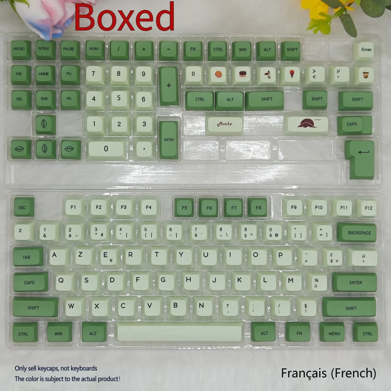 Set of 124 matcha green PBT keycaps with white legends for a mechanical keyboard
