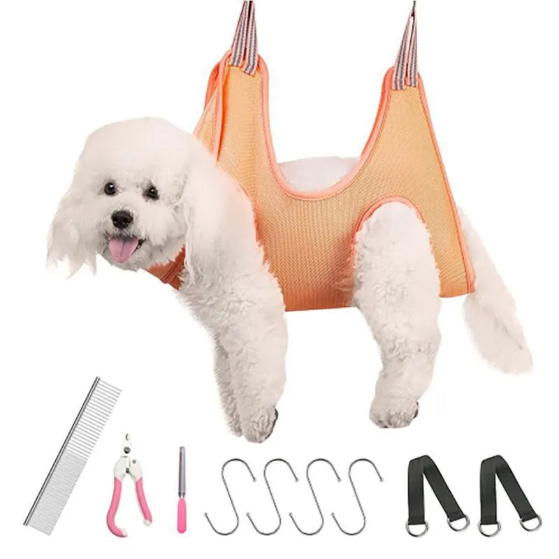 Cat and dog grooming hammock in breathable fabric with exposed paws and head for nail trimming