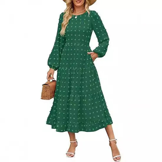Women's beige high waist long sleeve dress with ruffle sleeves, shown front view.