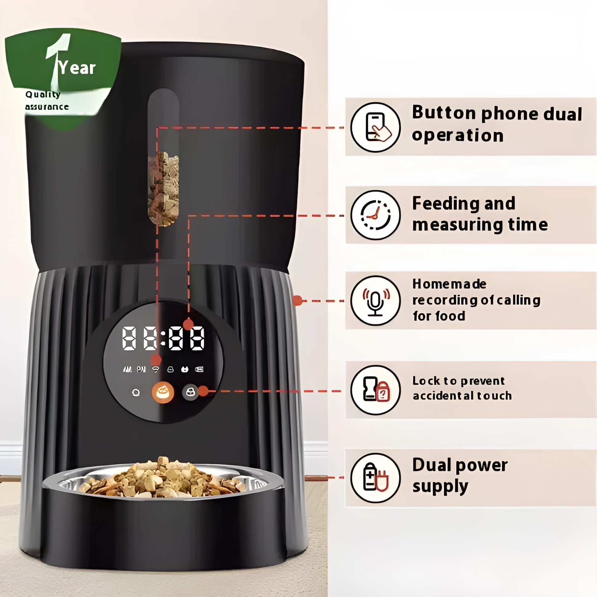 Black and white intelligent pet feeder with automatic timer and USB power cable