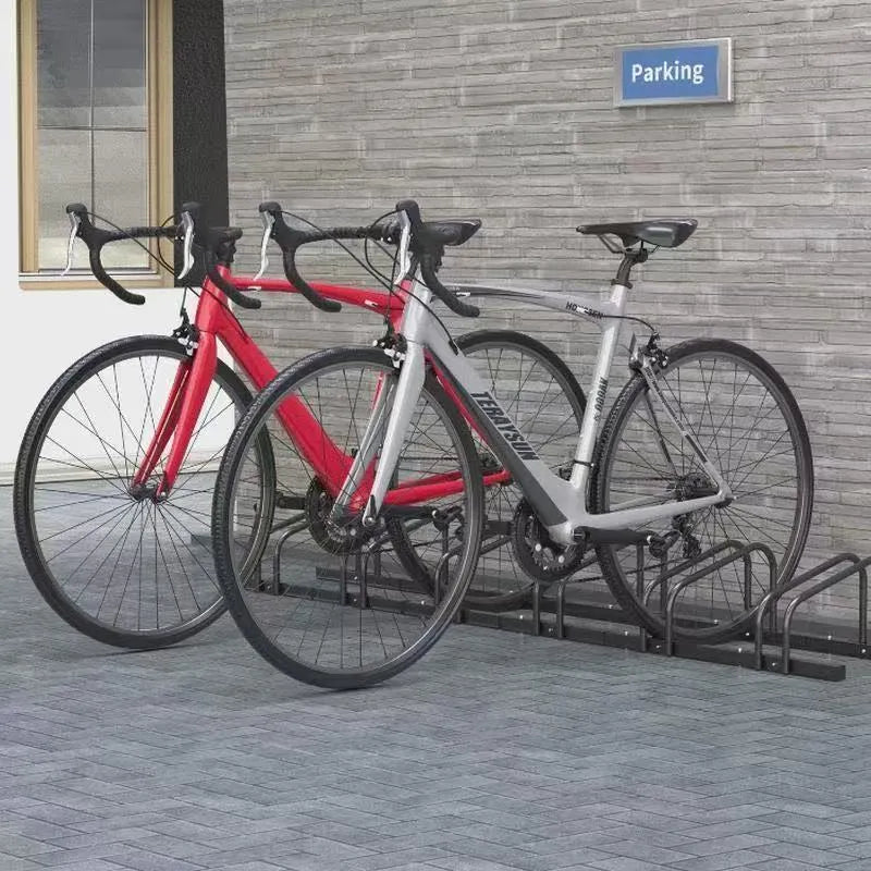 Black metal split card bicycle parking rack with adjustable width for indoor use