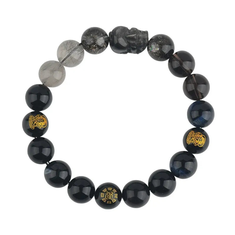 Handmade five elements natural crystal bracelet in geometric shape on a wrist.