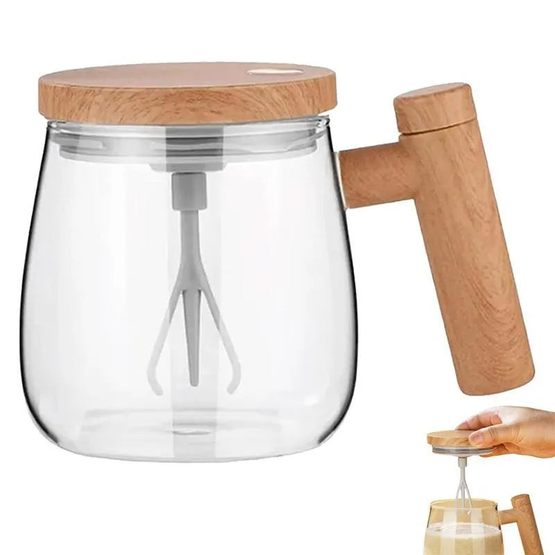 Clear borosilicate glass self-stirring coffee mug with automatic mixing function and 400ml capacity
