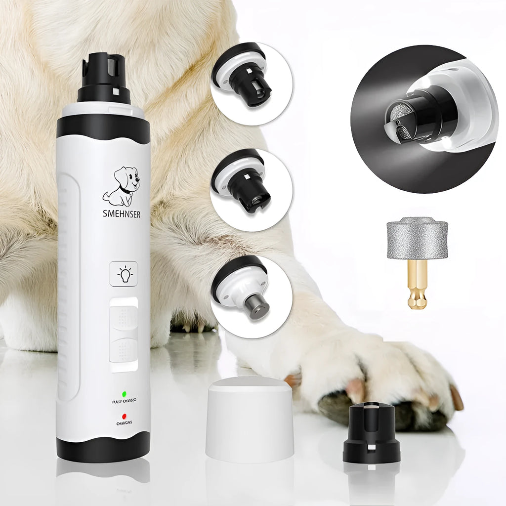Electric dog nail trimmer with LED display showing speed settings on a grey background.