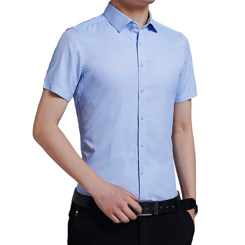 Men's short sleeve non-iron business shirt in cotton blend, plain pattern, sizes M to 5XL, four colours