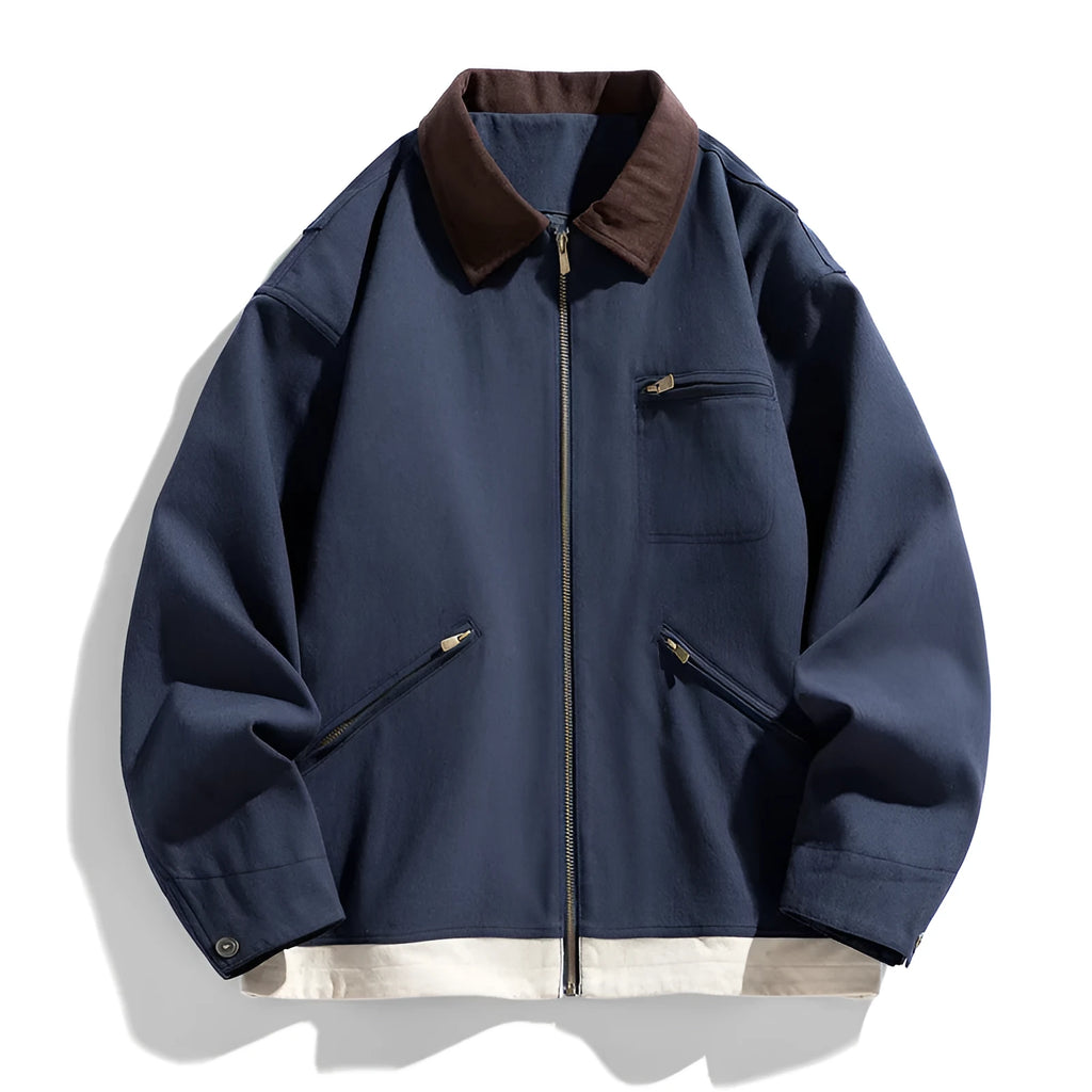 Men's loose-fit retro workwear jacket with contrasting lapels in mint green colour.